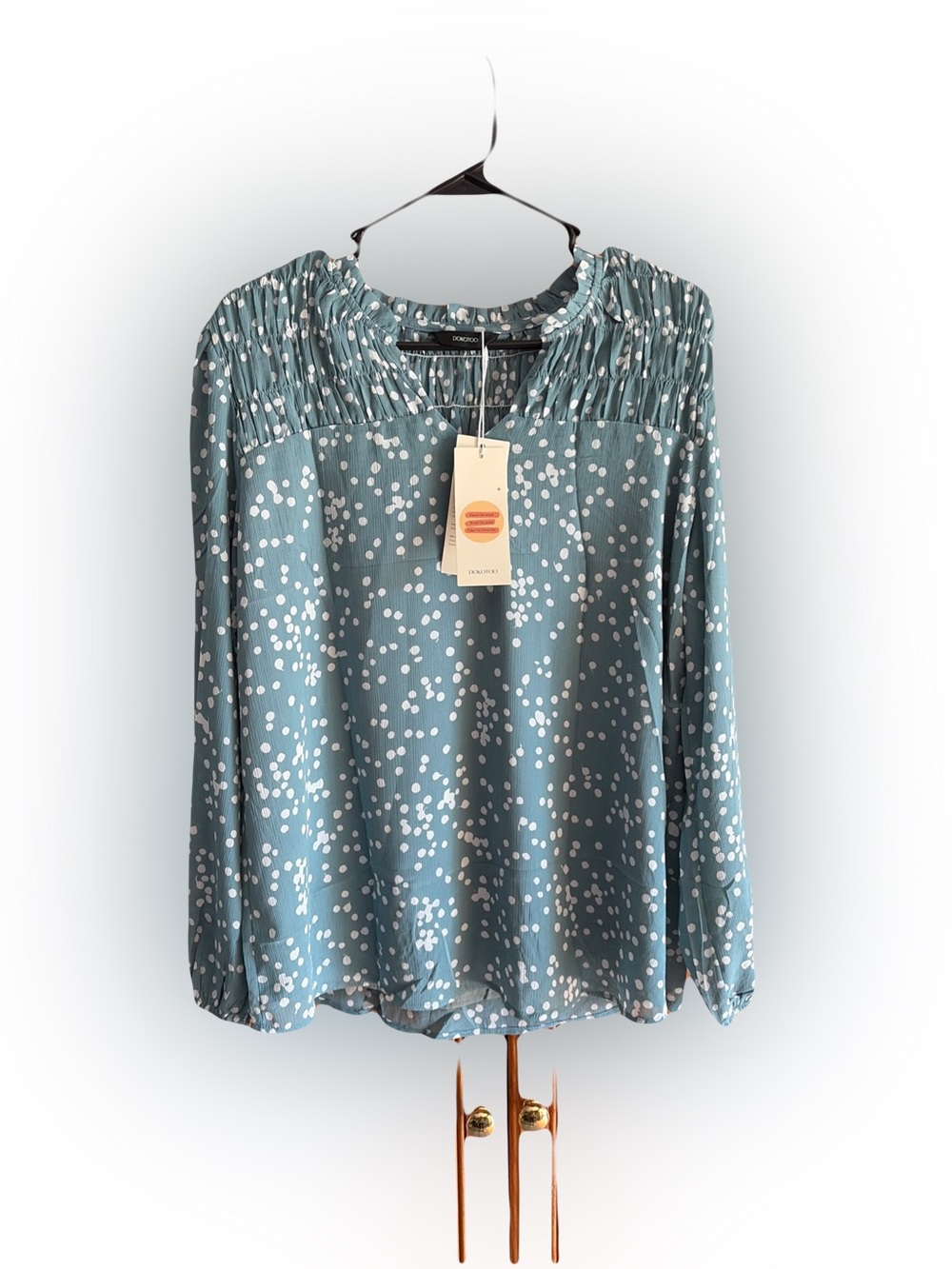 DOKOTOO NWT Teal Blue Dot Print Peasant Blouse SIZE LARGE